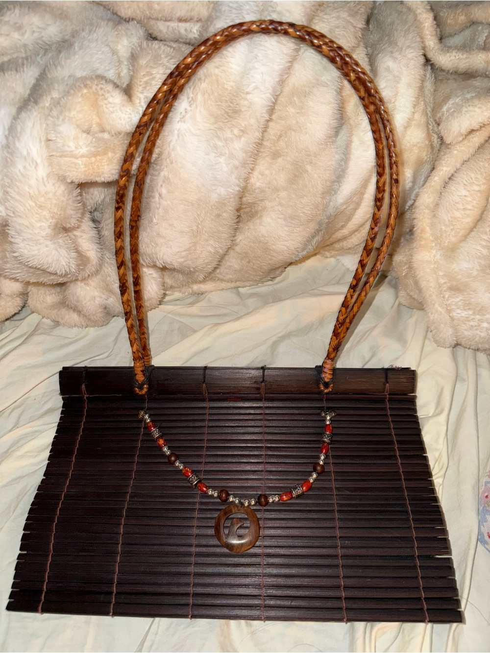 Unique Vintage Dark Brown Bamboo Beaded Shoulder Bag